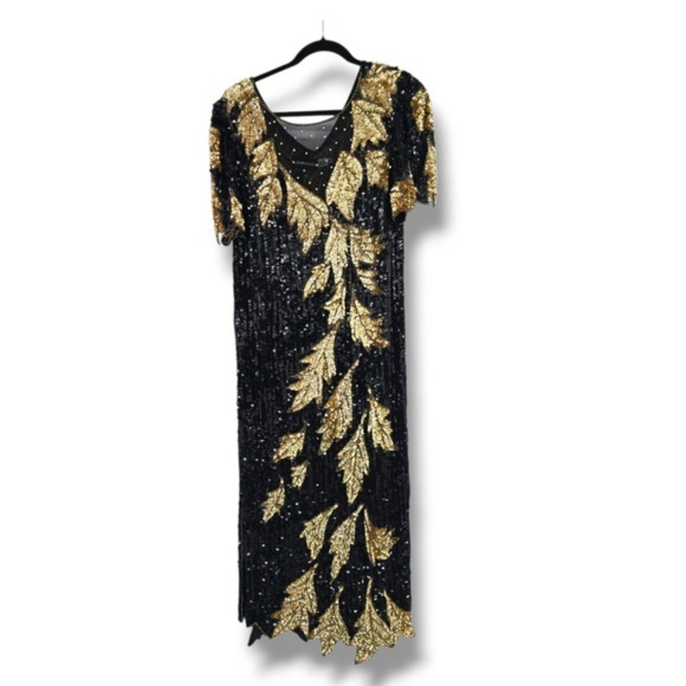 Vintage Dominique Black Gold Sequin Leaf Formal Silk Maxi Dress‎ Medium